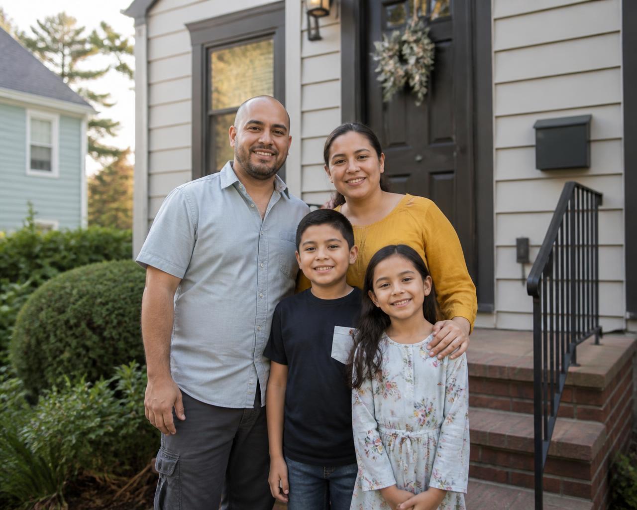 A family standing together on the front steps of their home