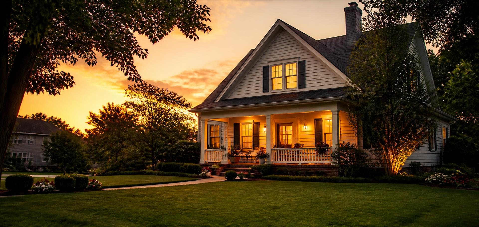 A family home at sunset with warm lit windows